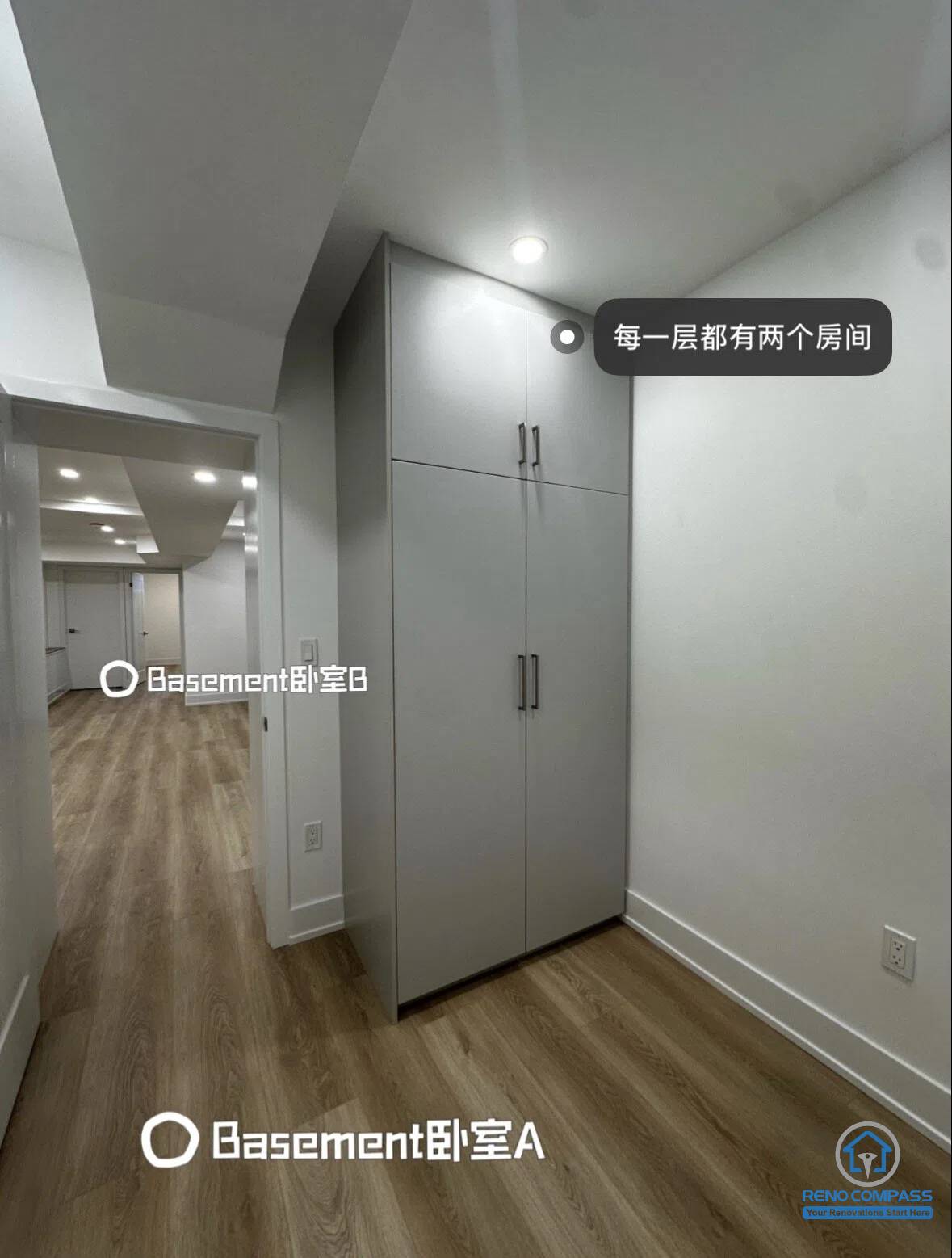This basement bedroom features built-in storage within a Toronto legal 3-unit conversion project. Each unit is designed with multiple bedrooms to support flexible rental arrangements, increasing overall rental income potential.