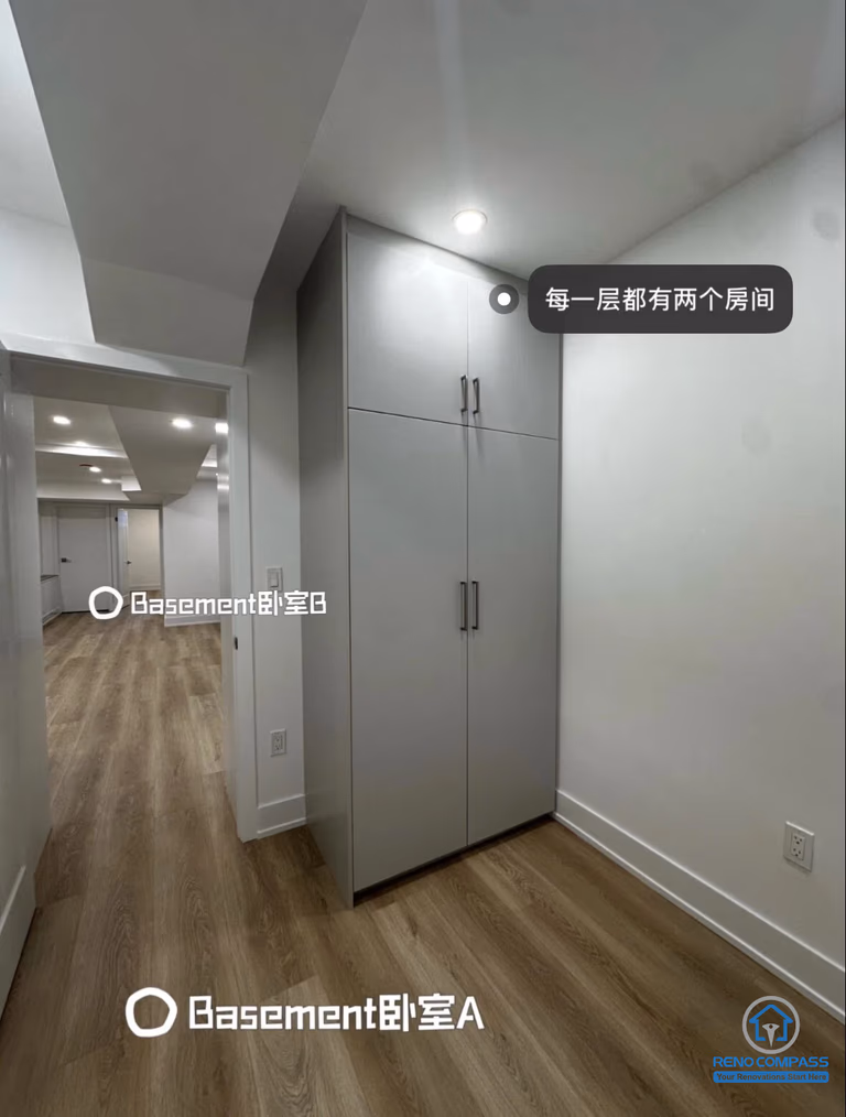 This basement bedroom features built-in storage within a Toronto legal 3-unit conversion project. Each unit is designed with multiple bedrooms to support flexible rental arrangements, increasing overall rental income potential.