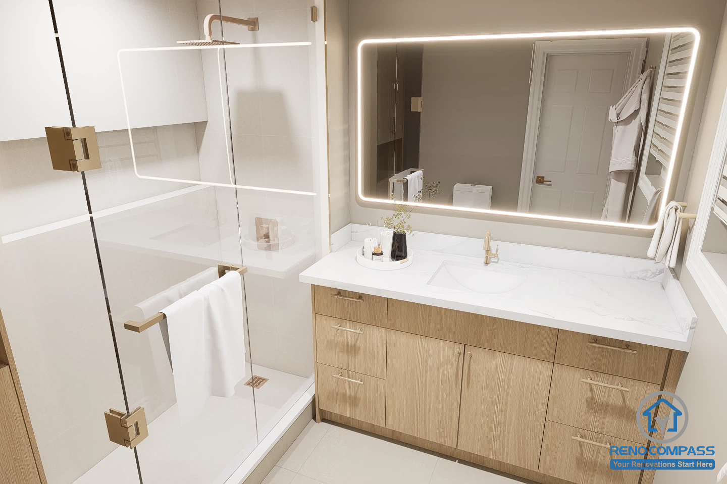 This modern bathroom was completed as part of a whole house renovation in North York. Featuring a custom oak vanity, quartz countertop, oversized LED mirror, and a frameless glass walk-in shower with brushed gold fixtures, the space combines elegant design, premium materials, and practical functionality for everyday living.
