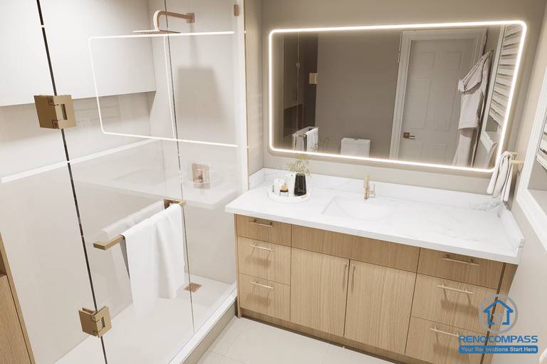 This modern bathroom was completed as part of a whole house renovation in North York. Featuring a custom oak vanity, quartz countertop, oversized LED mirror, and a frameless glass walk-in shower with brushed gold fixtures, the space combines elegant design, premium materials, and practical functionality for everyday living.