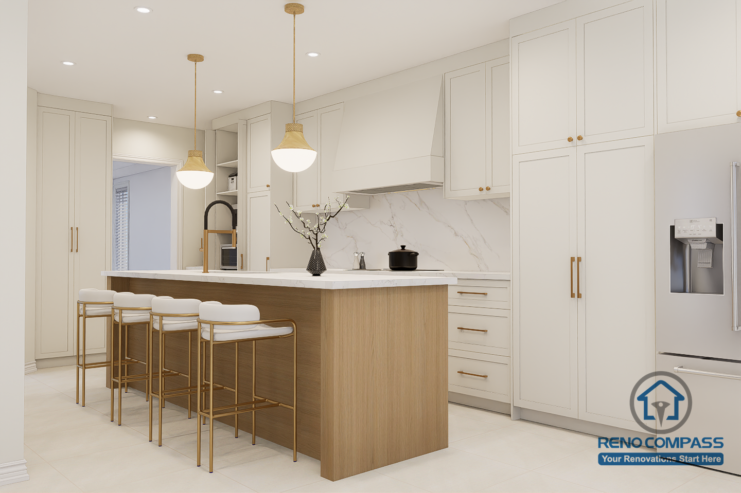 This Oakville kitchen renovation presents a complete view of the space, combining island seating, full-height cabinetry, and a refined cooking zone into a cohesive layout. The central island functions as both a preparation surface and a casual dining area, supporting everyday meals and social interaction. Clean white cabinetry, warm wood accents, and soft pendant lighting create a balanced and welcoming atmosphere. Completed by Reno Compass, this kitchen reflects a thoughtful approach to modern Oakville kitchen renovation, emphasizing functionality, proportion, and long-term livability.