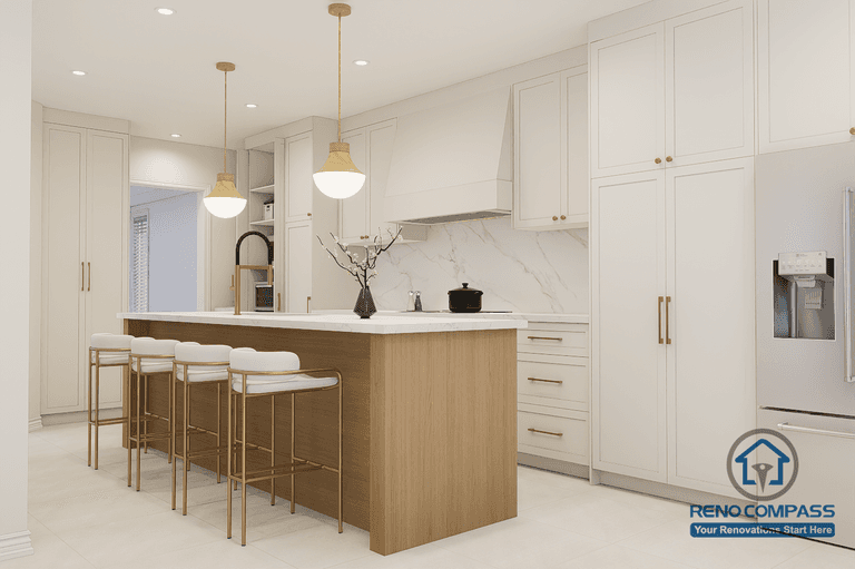 This Oakville kitchen renovation presents a complete view of the space, combining island seating, full-height cabinetry, and a refined cooking zone into a cohesive layout. The central island functions as both a preparation surface and a casual dining area, supporting everyday meals and social interaction. Clean white cabinetry, warm wood accents, and soft pendant lighting create a balanced and welcoming atmosphere. Completed by Reno Compass, this kitchen reflects a thoughtful approach to modern Oakville kitchen renovation, emphasizing functionality, proportion, and long-term livability.