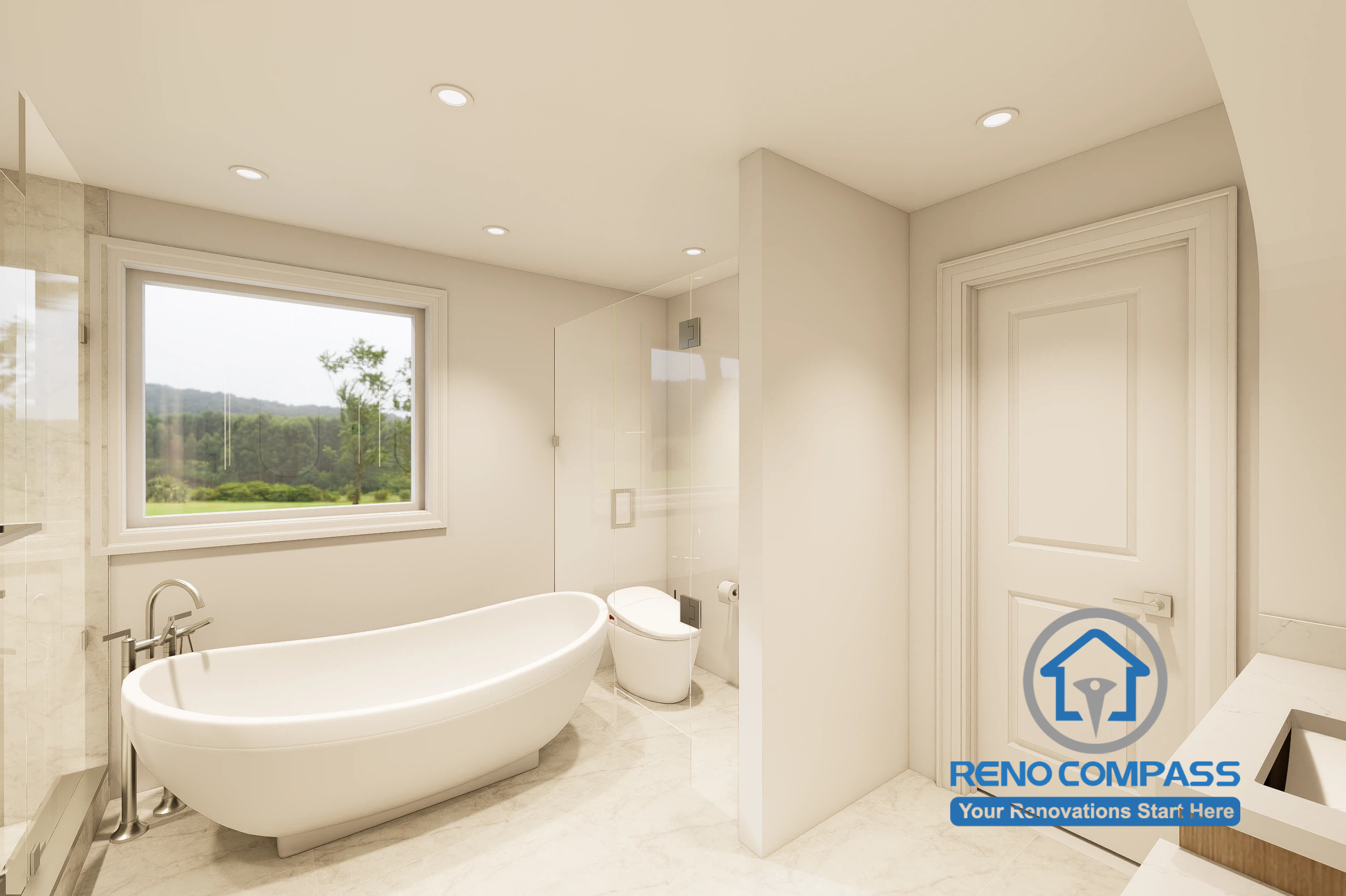A 3D rendering of a modern master bathroom design in Markham featuring a freestanding bathtub, spacious layout, contemporary finishes, and a bright spa-inspired atmosphere created for comfort and relaxation.