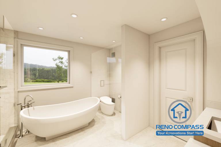 A 3D rendering of a modern master bathroom design in Markham featuring a freestanding bathtub, spacious layout, contemporary finishes, and a bright spa-inspired atmosphere created for comfort and relaxation.
