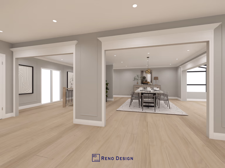 This image highlights the open-concept transition between the living and dining areas in a Toronto bungalow interior design project. Framed openings, clean architectural detailing, and continuous wood flooring define zones while preserving visual flow and spaciousness. Balanced lighting and neutral finishes reinforce a cohesive, calm interior experience. Designed and completed by Reno Compass, this layout reflects a thoughtful approach to space planning for single-level homes in Toronto