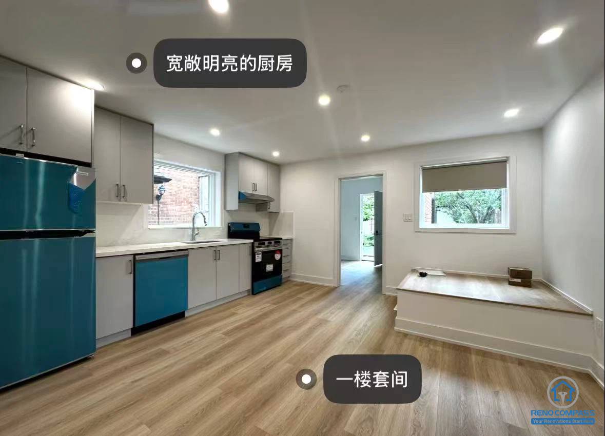 This main floor unit features a bright open-concept kitchen and living area with modern finishes and natural light. As part of a Toronto legal 3-unit conversion, the layout provides a comfortable and functional space ideal for long-term rental.