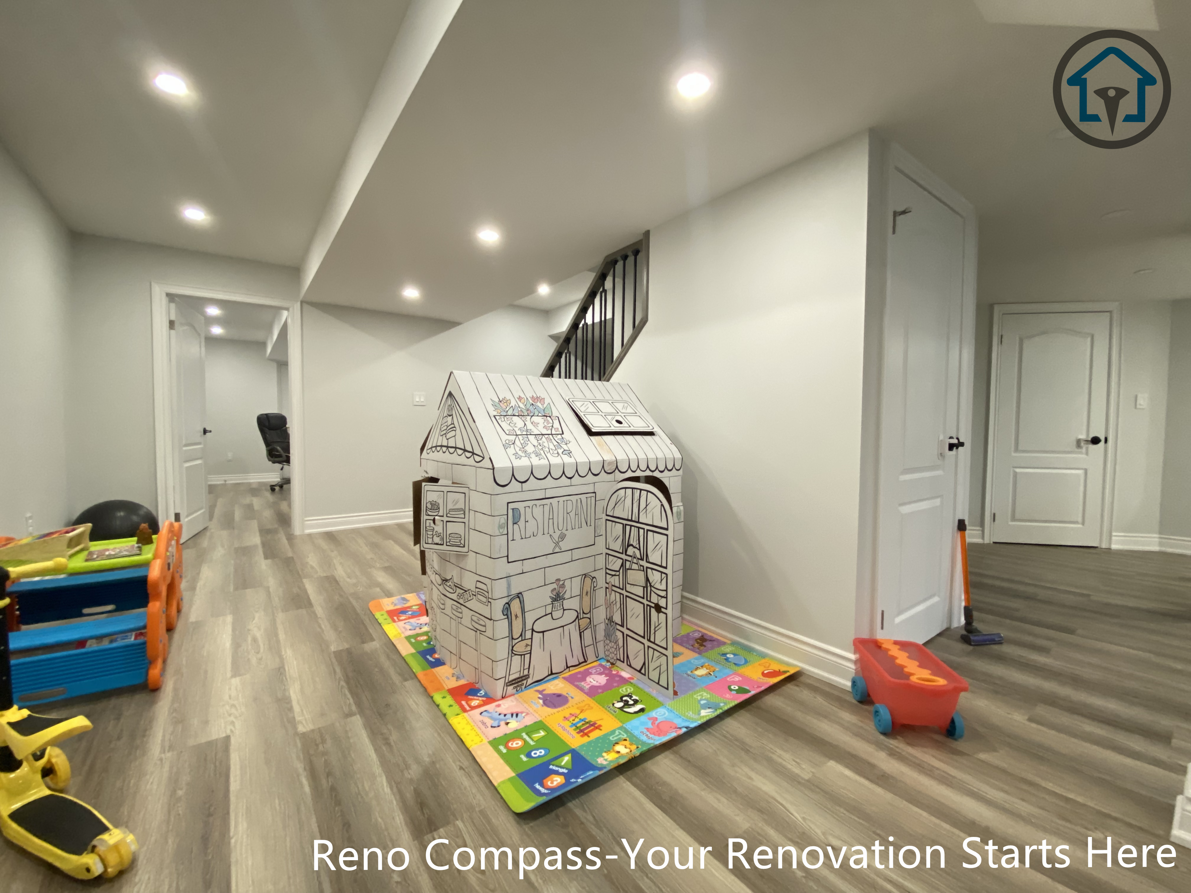 Renovated basement living area in Vaughan featuring modern finishes, balanced lighting, and a comfortable open-concept layout.