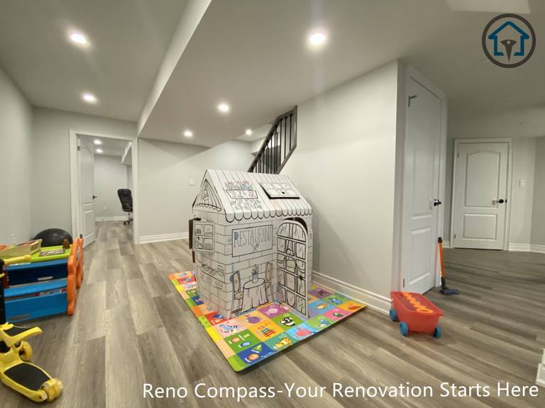 Renovated basement living area in Vaughan featuring modern finishes, balanced lighting, and a comfortable open-concept layout.
