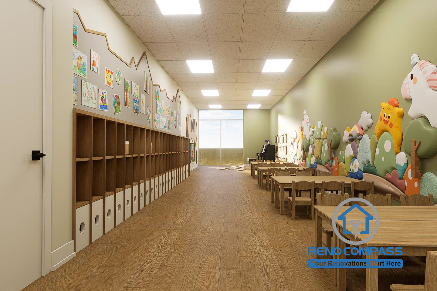 A spacious kindergarten classroom corridor in Toronto featuring child-sized tables, organized storage units, soft lighting, and colorful wall decorations to create a safe and engaging learning environment for children.
