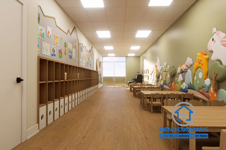 A spacious kindergarten classroom corridor in Toronto featuring child-sized tables, organized storage units, soft lighting, and colorful wall decorations to create a safe and engaging learning environment for children.
