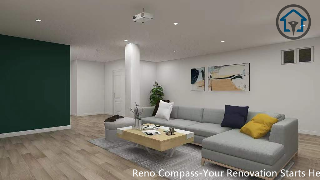 Open concept basement renovation in Markham showcasing continuous vinyl flooring, clean circulation paths, and cohesive material transitions throughout the space.