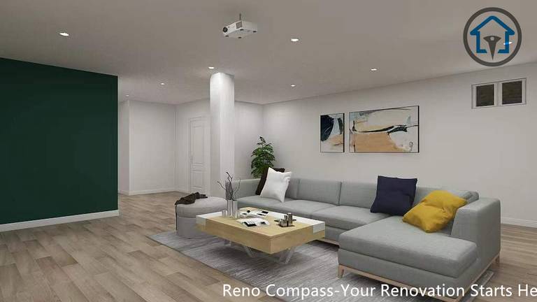 Open concept basement renovation in Markham showcasing continuous vinyl flooring, clean circulation paths, and cohesive material transitions throughout the space.