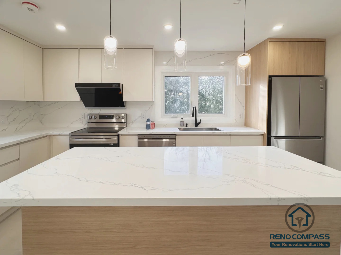 This Oakville interior renovation features a modern open-concept kitchen designed to enhance light, flow, and everyday functionality. The space includes a custom kitchen island with quartz countertops, clean-lined cabinetry, integrated lighting, and thoughtfully selected finishes that create a bright and cohesive atmosphere. The updated layout improves circulation between the kitchen and dining area, offering a practical yet refined setting for daily living and entertaining.