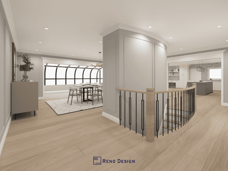 This image highlights the open-concept interior layout of a Toronto bungalow, showcasing smooth circulation between the dining area, transitional hallway, and adjacent living spaces. Clean architectural lines, light wood flooring, and custom railing details help define zones while maintaining visual continuity. Designed and completed by Reno Compass, this interior renovation reflects a thoughtful approach to space planning and flow for single-level homes in Toronto.