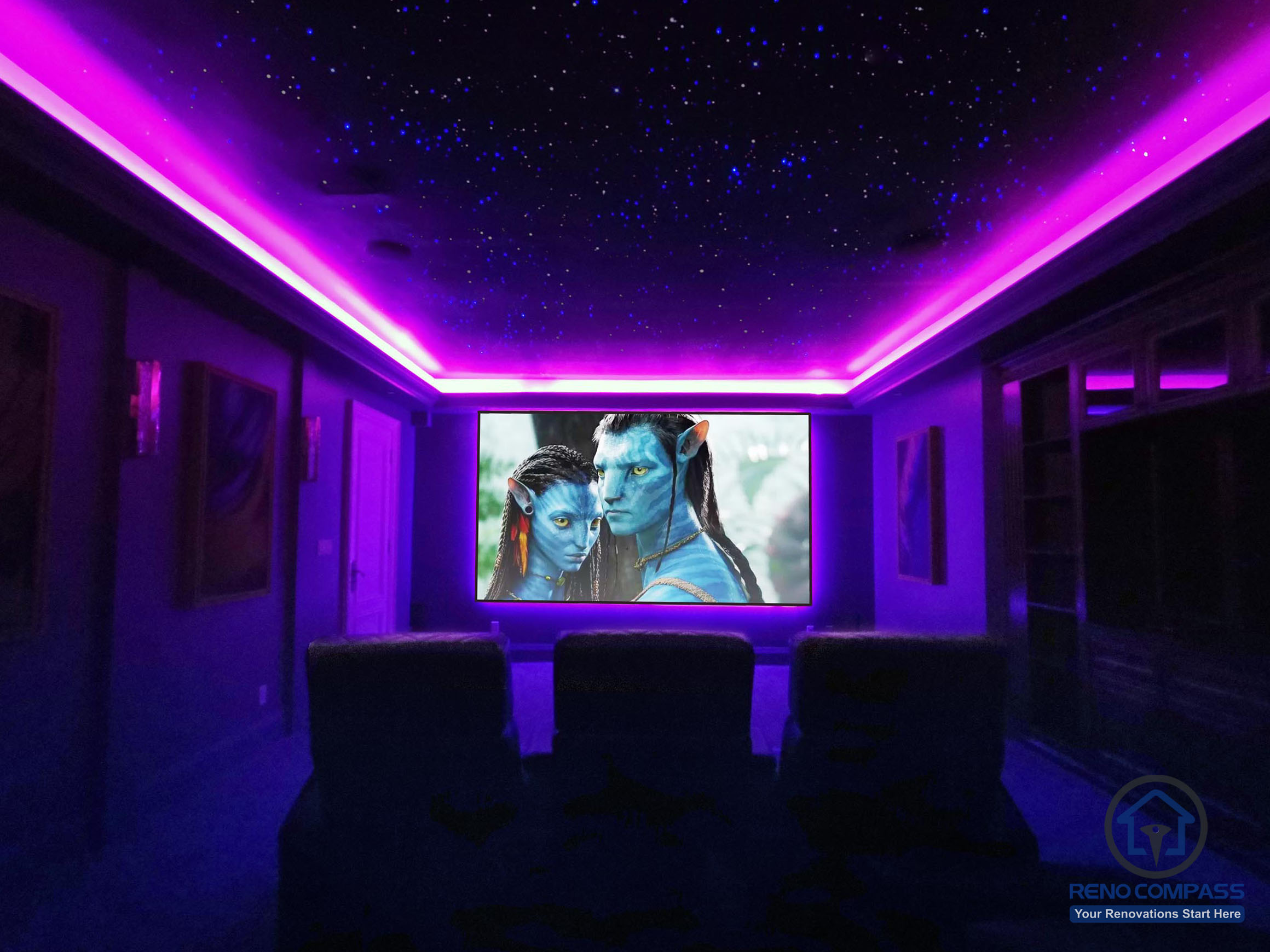 Custom home theatre renovation in Aurora featuring a star ceiling, ambient LED lighting, and a large projection screen for an immersive cinematic experience.