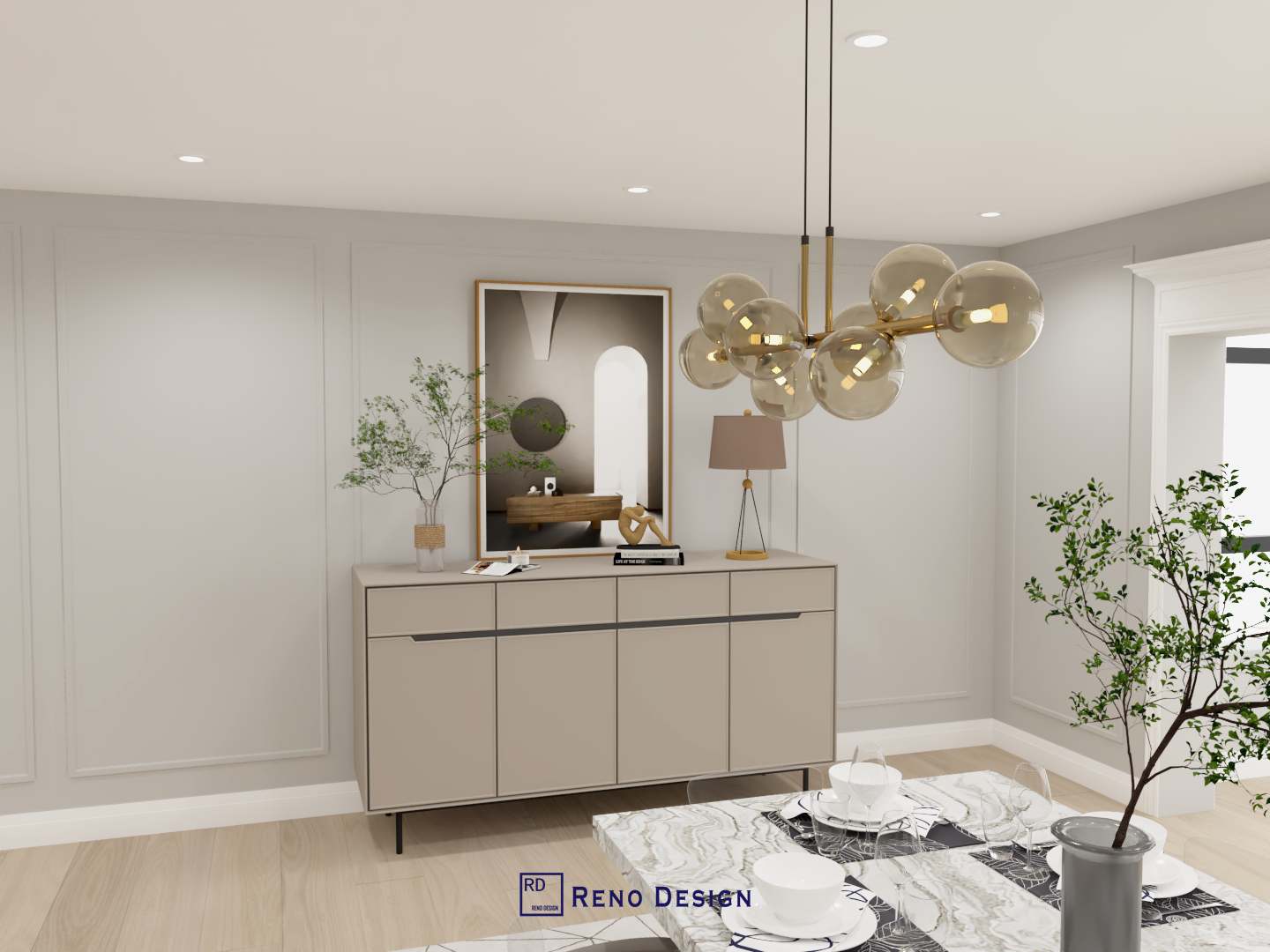 This image showcases a refined dining area within a Toronto bungalow interior design project, featuring custom sideboard cabinetry, soft neutral wall paneling, and a sculptural statement pendant light. Balanced proportions, warm finishes, and subtle decorative styling create a calm and elegant dining environment. Designed and completed by Reno Compass, this space reflects a modern interior approach tailored for single-level homes in Toronto.