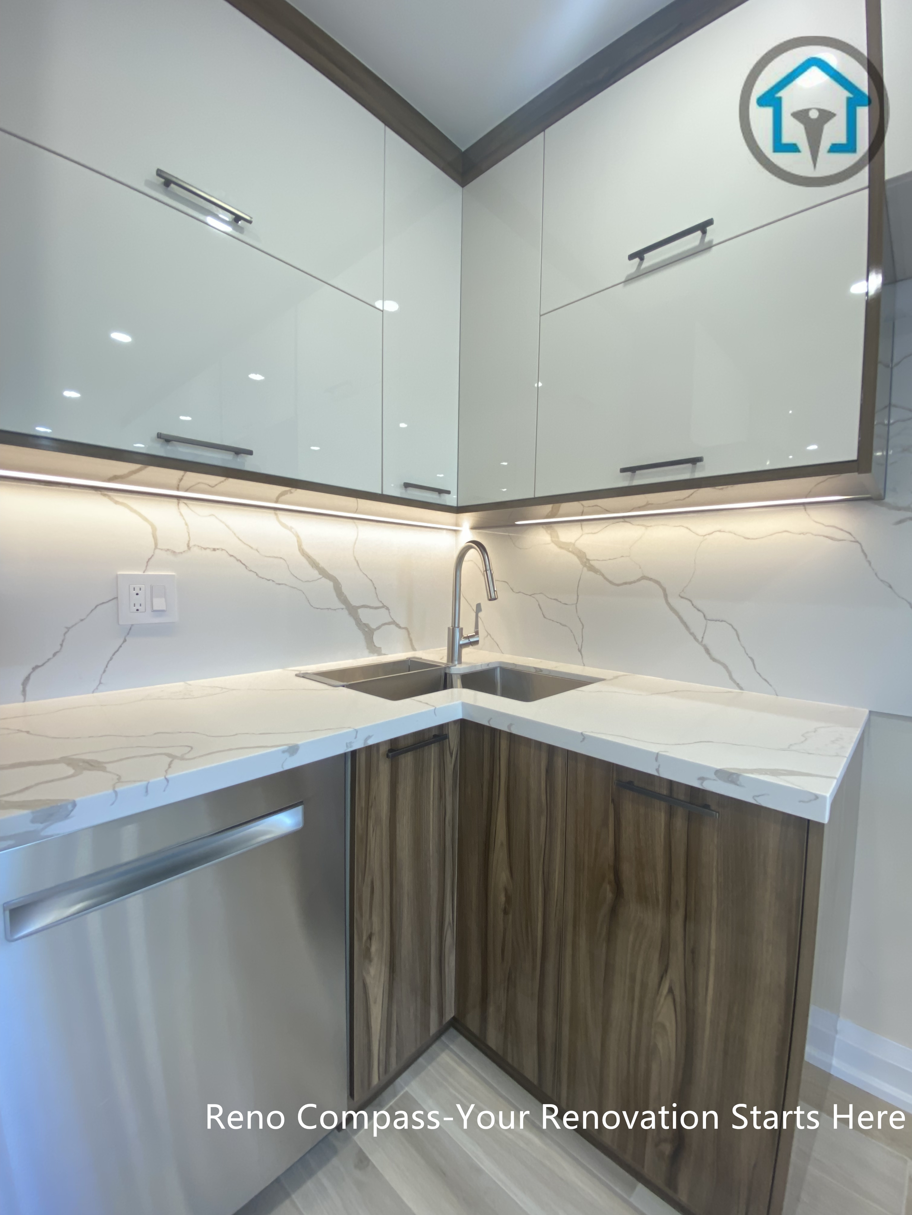 Kitchen detail from a completed interior renovation project in Vaughan, highlighting a clean corner layout and functional workspace by Reno Compass.