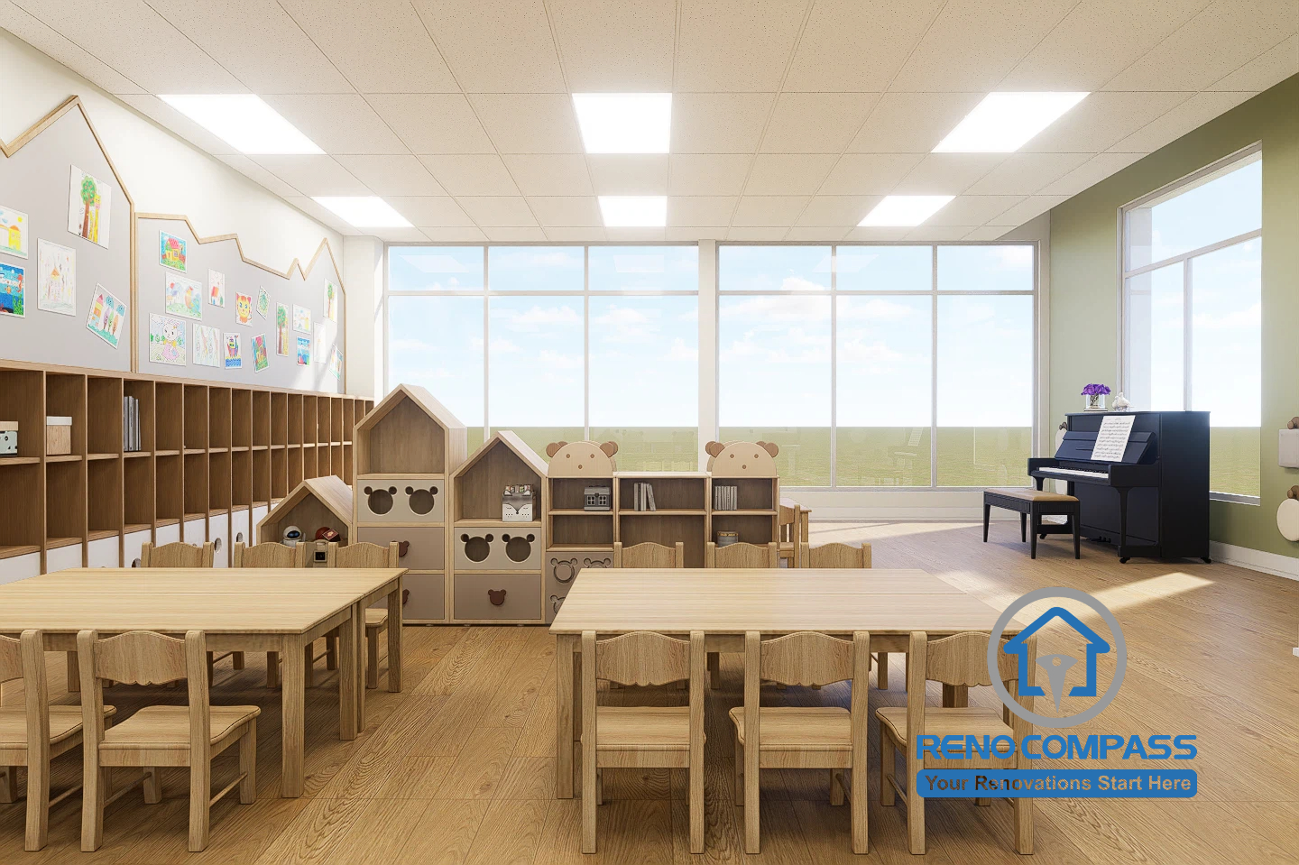 A well-organized kindergarten classroom in Toronto featuring Montessori-style furniture, open storage cubbies, and child-friendly layouts designed to support independence and daily learning activities.