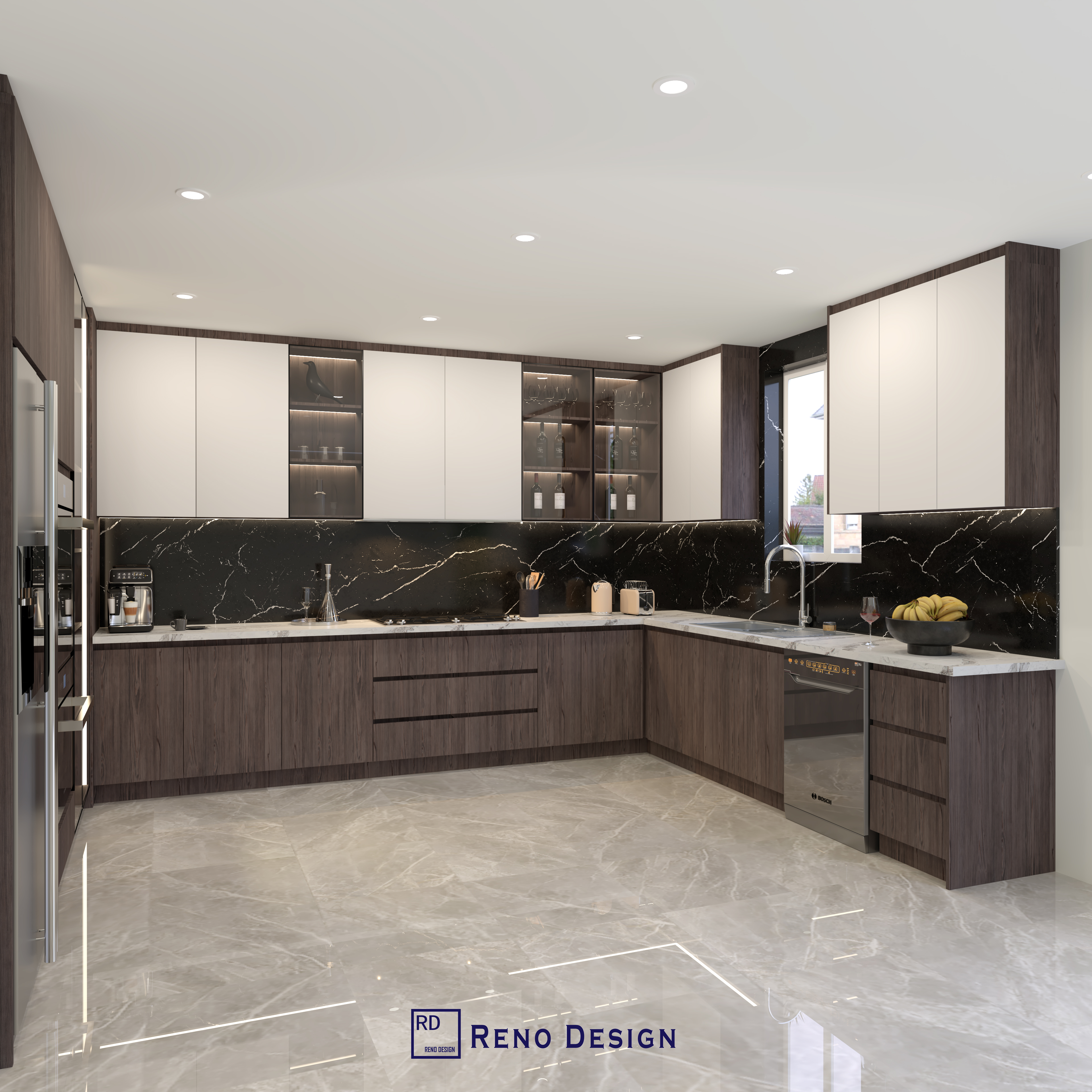 This Toronto contemporary kitchen renovation highlights a refined two-tone cabinet design featuring rich dark wood base cabinets and clean white upper cabinetry. The dramatic black marble backsplash adds contrast and depth, while built-in appliances and recessed lighting enhance both functionality and elegance. The open layout maximizes space and flow, making this modern kitchen design a perfect blend of luxury, comfort, and everyday practicality for Toronto homeowners.