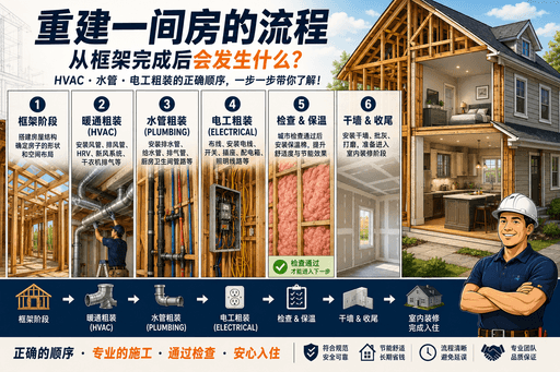 重建房屋流程时间线：框架完成后会发生什么？HVAC、水管、电工 Rough-in 全流程解析
