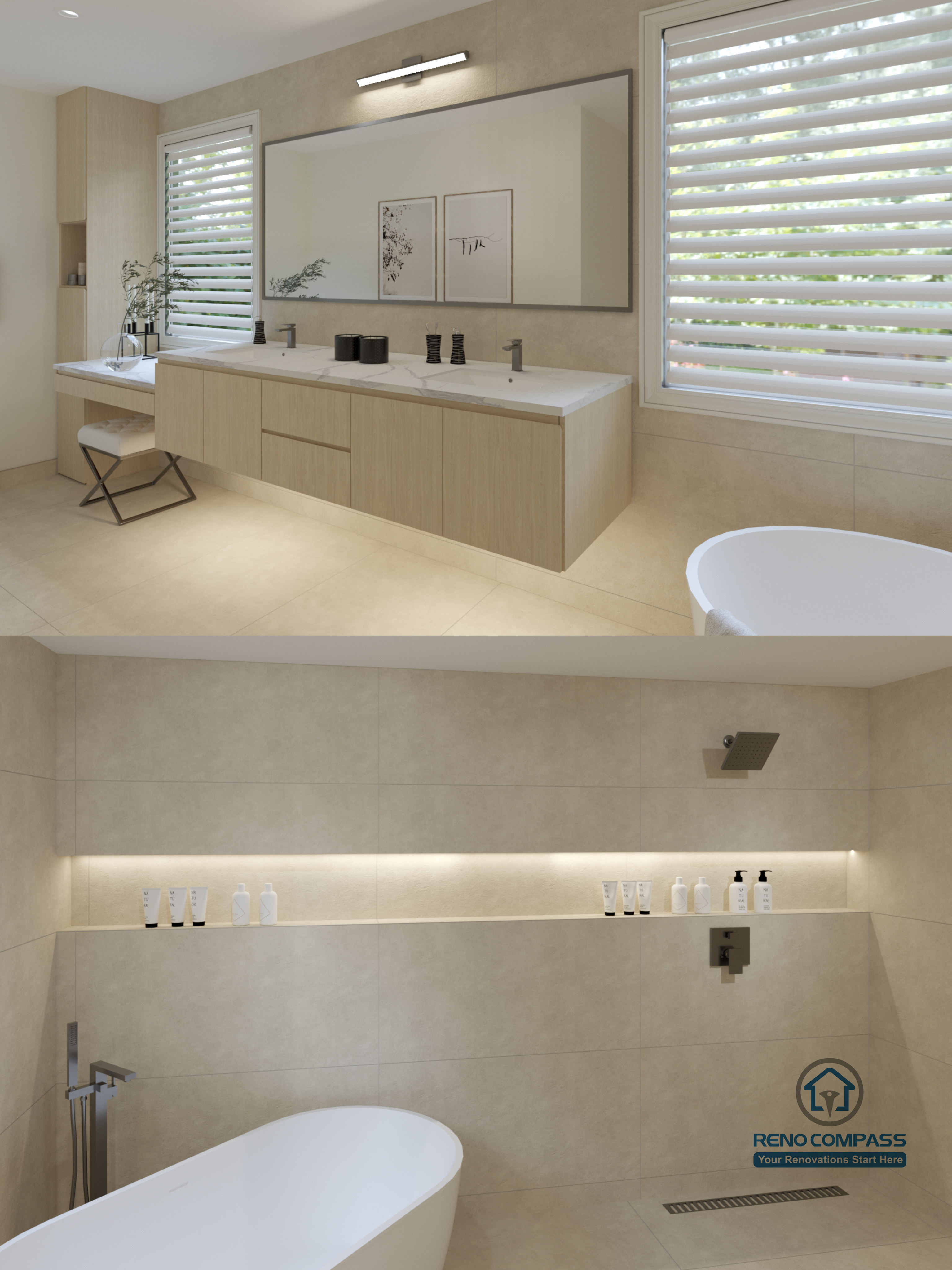 This Markham accessible bathroom renovation features a wide custom vanity with ample clearance for seated use, paired with a barrier-free bathing area that includes a freestanding tub and step-free shower design. Large-format tiles, integrated linear lighting, and minimal hardware support both safety and ease of movement. Designed and built by a professional Toronto renovation company, Reno Compass Inc., the space balances accessibility, comfort, and modern aesthetics.