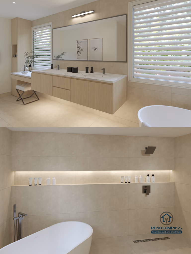 This Markham accessible bathroom renovation features a wide custom vanity with ample clearance for seated use, paired with a barrier-free bathing area that includes a freestanding tub and step-free shower design. Large-format tiles, integrated linear lighting, and minimal hardware support both safety and ease of movement. Designed and built by a professional Toronto renovation company, Reno Compass Inc., the space balances accessibility, comfort, and modern aesthetics.