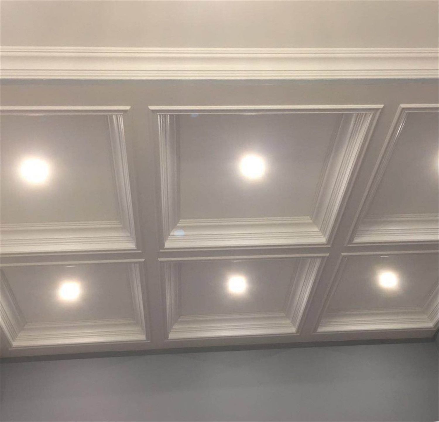 Detailed coffered ceiling design with integrated recessed lighting as part of a Toronto interior renovation. The symmetrical ceiling panels and refined trim work enhance the room’s architectural depth while providing balanced ambient lighting, completed by a professional Toronto renovation company.