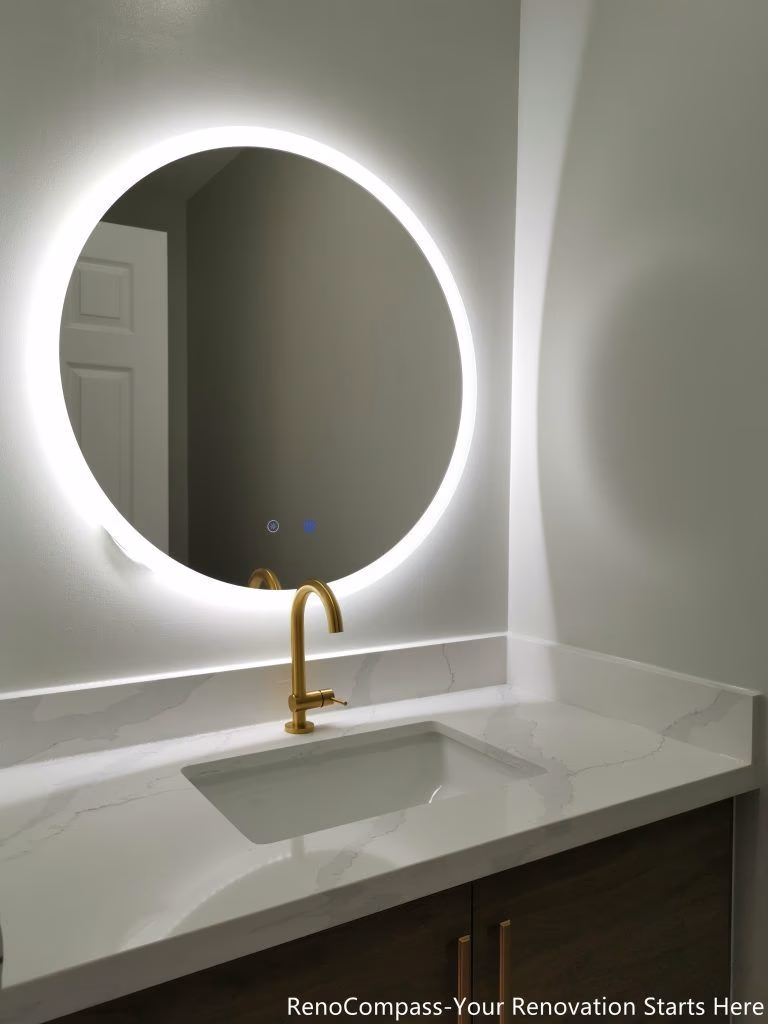 This Oakville bathroom renovation features a modern vanity design with a quartz countertop, undermount sink, and elegant gold faucet paired with a round LED backlit mirror. The soft lighting enhances brightness while creating a clean and contemporary atmosphere. Custom wood cabinetry provides functional storage while maintaining a sleek modern aesthetic. Completed by a professional Toronto renovation company, this bathroom upgrade combines style, practicality, and high-quality finishes to create a refined and comfortable everyday space.
