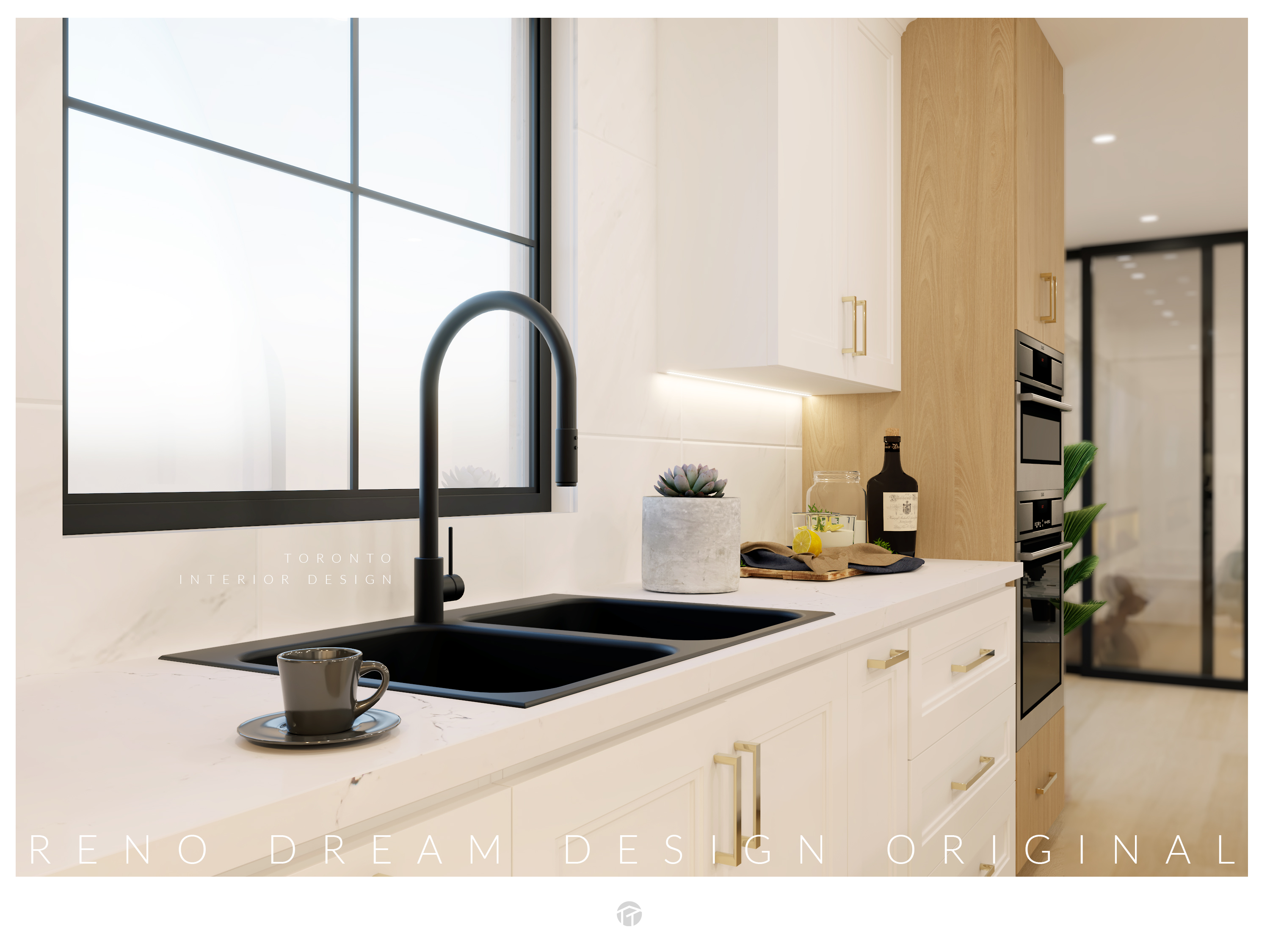 Contemporary kitchen interior design in North York Toronto featuring sleek white cabinetry, matte black double sink and faucet, quartz countertop, and built-in wall oven. This refined kitchen space demonstrates Reno Compass’ attention to detail, combining modern finishes, practical layout planning, and elegant material selection to create a bright and functional Toronto home interior.