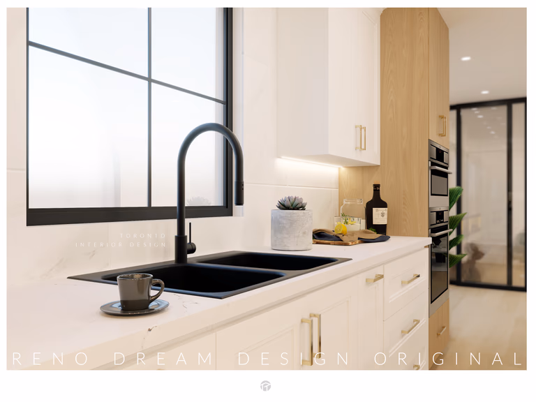 Contemporary kitchen interior design in North York Toronto featuring sleek white cabinetry, matte black double sink and faucet, quartz countertop, and built-in wall oven. This refined kitchen space demonstrates Reno Compass’ attention to detail, combining modern finishes, practical layout planning, and elegant material selection to create a bright and functional Toronto home interior.