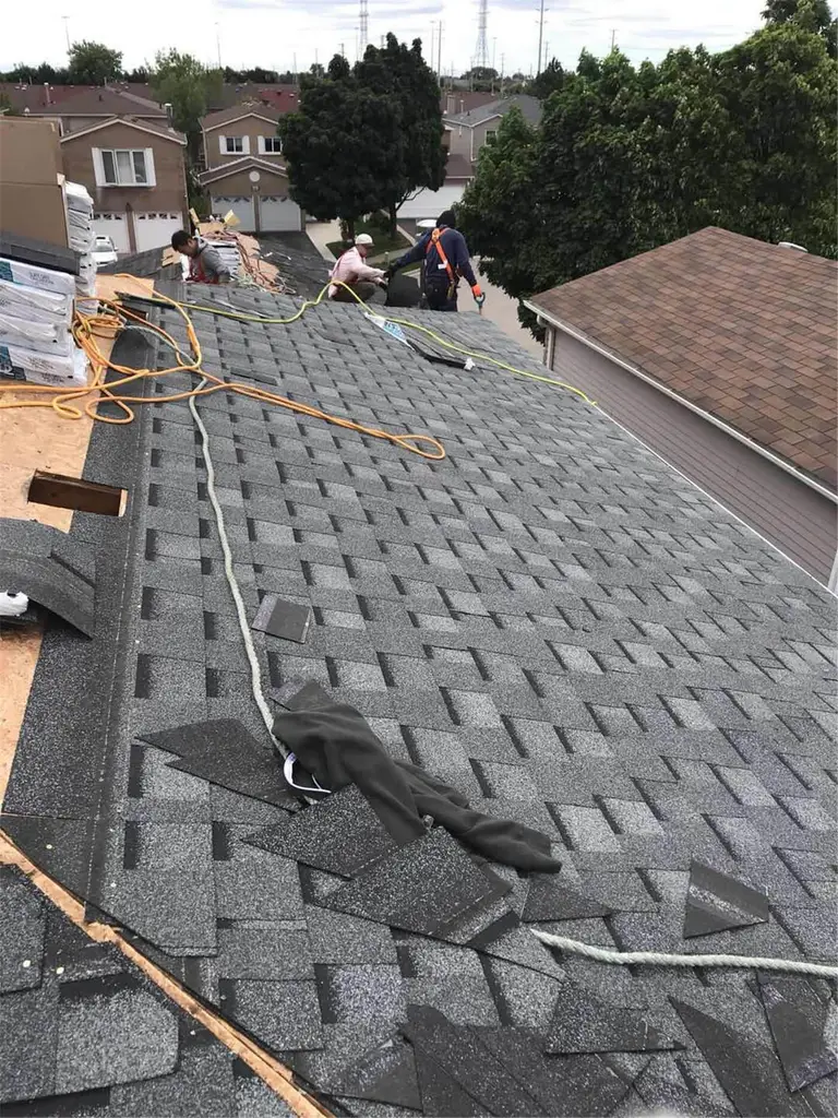 Professional Toronto roofing team performing shingle roof replacement on a residential property. This project showcases high-quality asphalt shingle installation, proper safety procedures, and detailed roof work in the Greater Toronto Area. Completed by experienced roofing contractors ensuring durability, weather resistance, and long-term protection for the home.