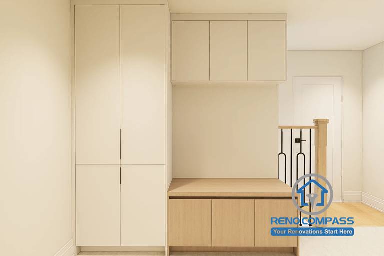 Custom built-in storage design created for a Markham whole home renovation project. Featuring floor-to-ceiling cabinetry, integrated bench seating, overhead storage, and natural wood finishes. This multifunctional storage solution maximizes organization while maintaining a clean and cohesive interior design aesthetic.
