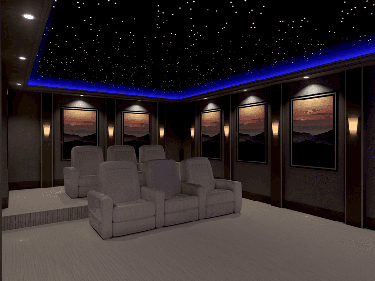 This Aurora home theater design features tiered cinema seating, integrated wall panels, and soft ambient lighting to enhance comfort, acoustics, and the overall cinematic experience.