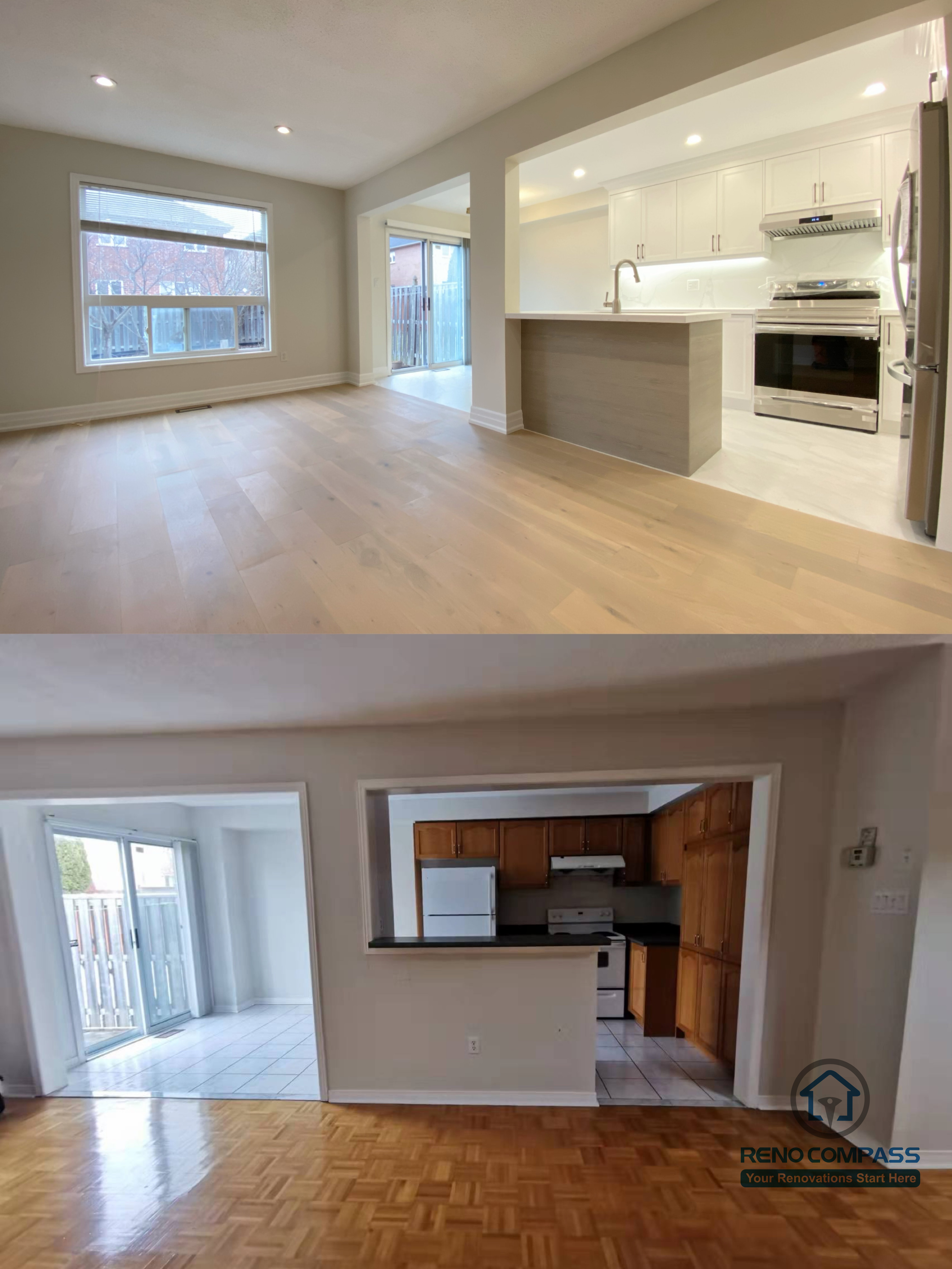 This Markham interior renovation highlights a before and after transformation of the living and kitchen area. The original closed-off layout with limited light was redesigned into a bright open-concept space featuring wide-plank hardwood flooring, recessed ceiling lighting, and a modern integrated kitchen. Improved sightlines and a more functional layout enhance everyday living and entertaining. Completed by a trusted Toronto renovation company, this renovation significantly improves space flow, natural light, and overall interior comfort in a Markham home.