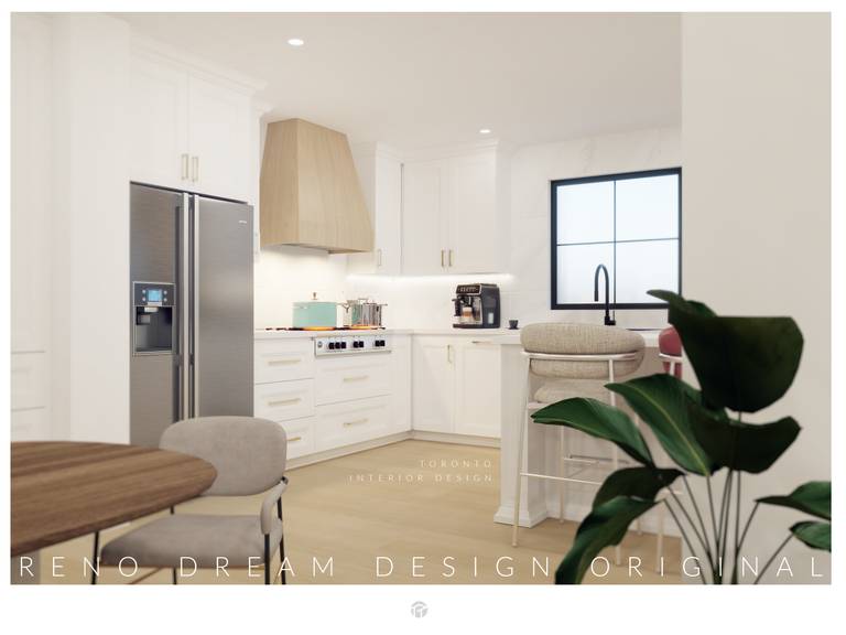 Bright open-concept kitchen interior design in North York Toronto featuring custom white cabinetry, a statement wood range hood, quartz countertops, stainless steel refrigerator, and modern bar seating. This thoughtfully designed space highlights Reno Compass’ ability to blend warmth and minimalism, delivering a functional yet visually refined kitchen tailored for contemporary Toronto living.