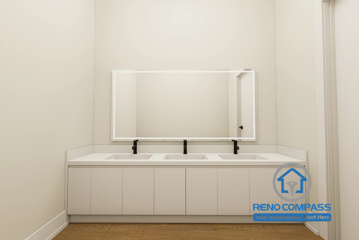 A modern kindergarten bathroom in Toronto featuring a multi-user sink vanity with child-friendly height, easy-to-clean surfaces, and a minimalist design for efficient daily use.