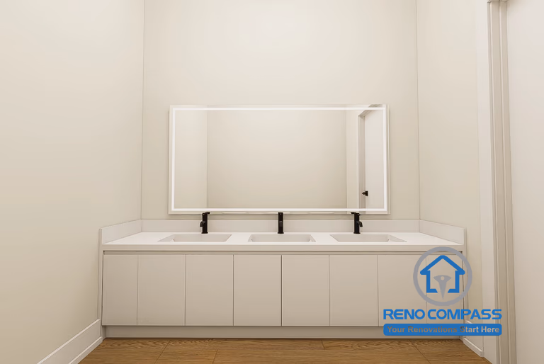 A modern kindergarten bathroom in Toronto featuring a multi-user sink vanity with child-friendly height, easy-to-clean surfaces, and a minimalist design for efficient daily use.