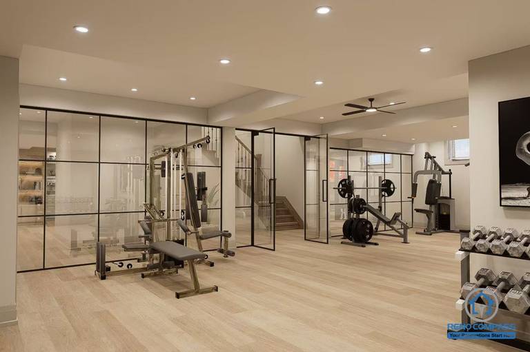 Modern basement hallway with glass-enclosed gym in Newmarket. Open layout design with natural wood flooring and recessed lighting for a spacious feel.