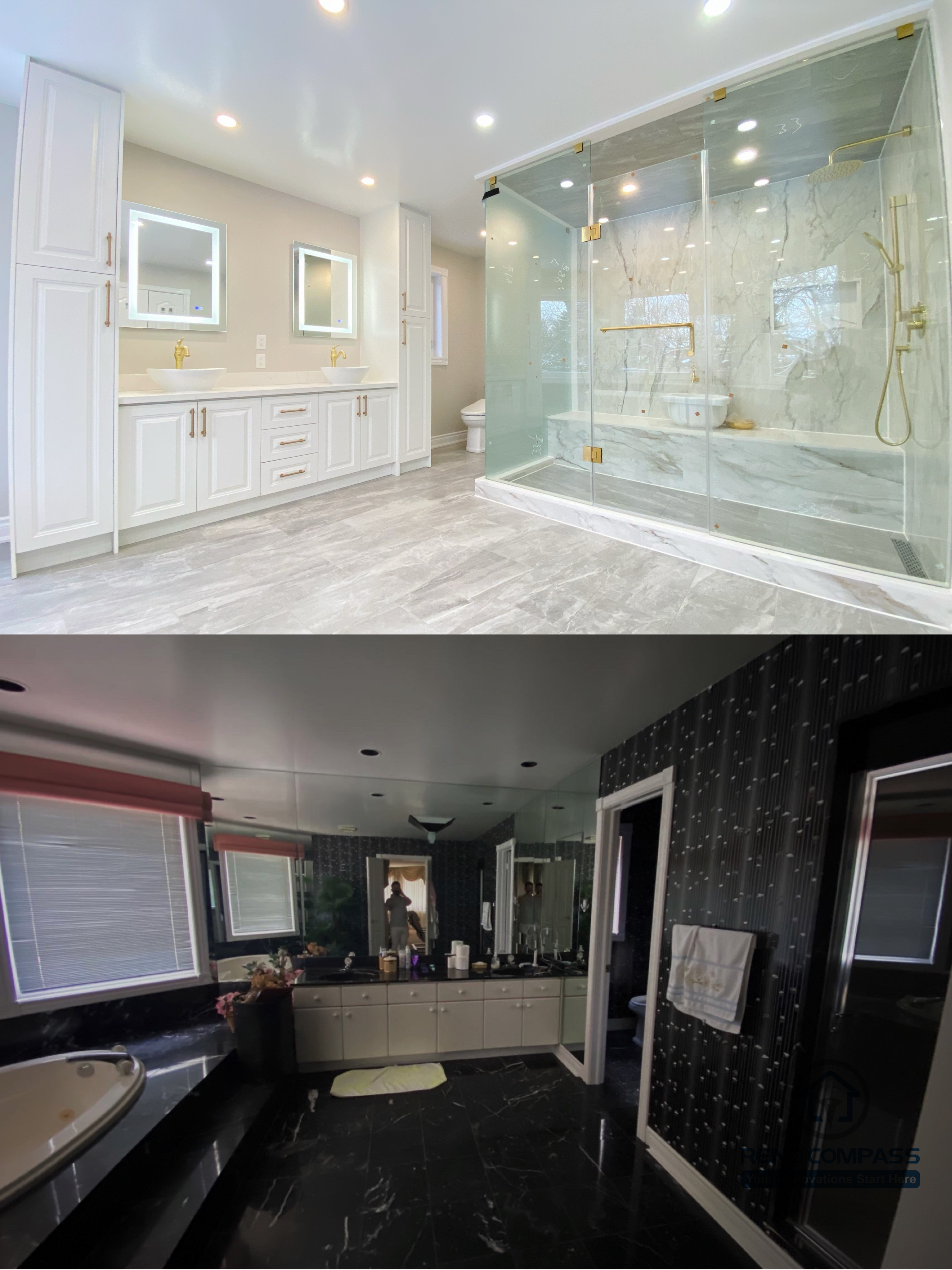 This image showcases the before and after comparison of a full bathroom renovation in Richmond Hill. The original space featured a dark layout with outdated finishes, while the renovated bathroom presents a bright, modern design with a frameless glass shower, freestanding bathtub, double vanity, and marble-style tile finishes. The transformation highlights improved layout planning, enhanced lighting, and upgraded materials, demonstrating the quality craftsmanship and design expertise of a professional bathroom renovation project in Richmond Hill.