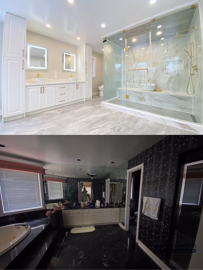 This image showcases the before and after comparison of a full bathroom renovation in Richmond Hill. The original space featured a dark layout with outdated finishes, while the renovated bathroom presents a bright, modern design with a frameless glass shower, freestanding bathtub, double vanity, and marble-style tile finishes. The transformation highlights improved layout planning, enhanced lighting, and upgraded materials, demonstrating the quality craftsmanship and design expertise of a professional bathroom renovation project in Richmond Hill.
