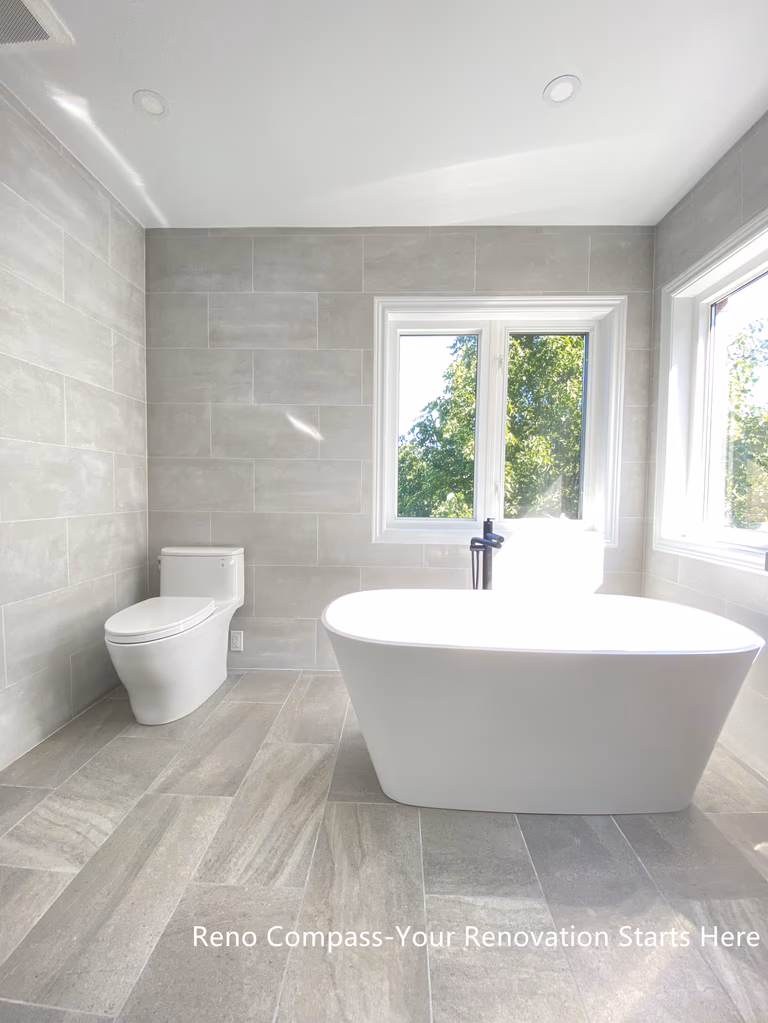 This Aurora bathroom renovation features a freestanding bathtub positioned beside large windows, allowing abundant natural light to enhance the space. Large-format tile flooring and wall finishes create a seamless, spa-inspired environment, while the clean layout maintains a sense of openness and calm. The combination of modern fixtures, soft neutral tones, and daylight results in a bright and relaxing bathing area designed for everyday comfort. Designed and completed by Reno Compass, this bathroom renovation emphasizes clarity, proportion, and long-term livability.