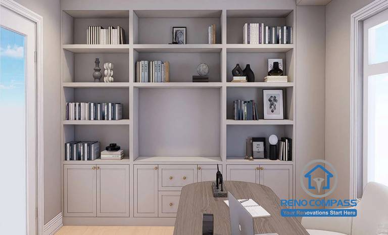 Elegant built-in shelving unit in Toronto home upgrade project, combining storage and display for a refined interior design.