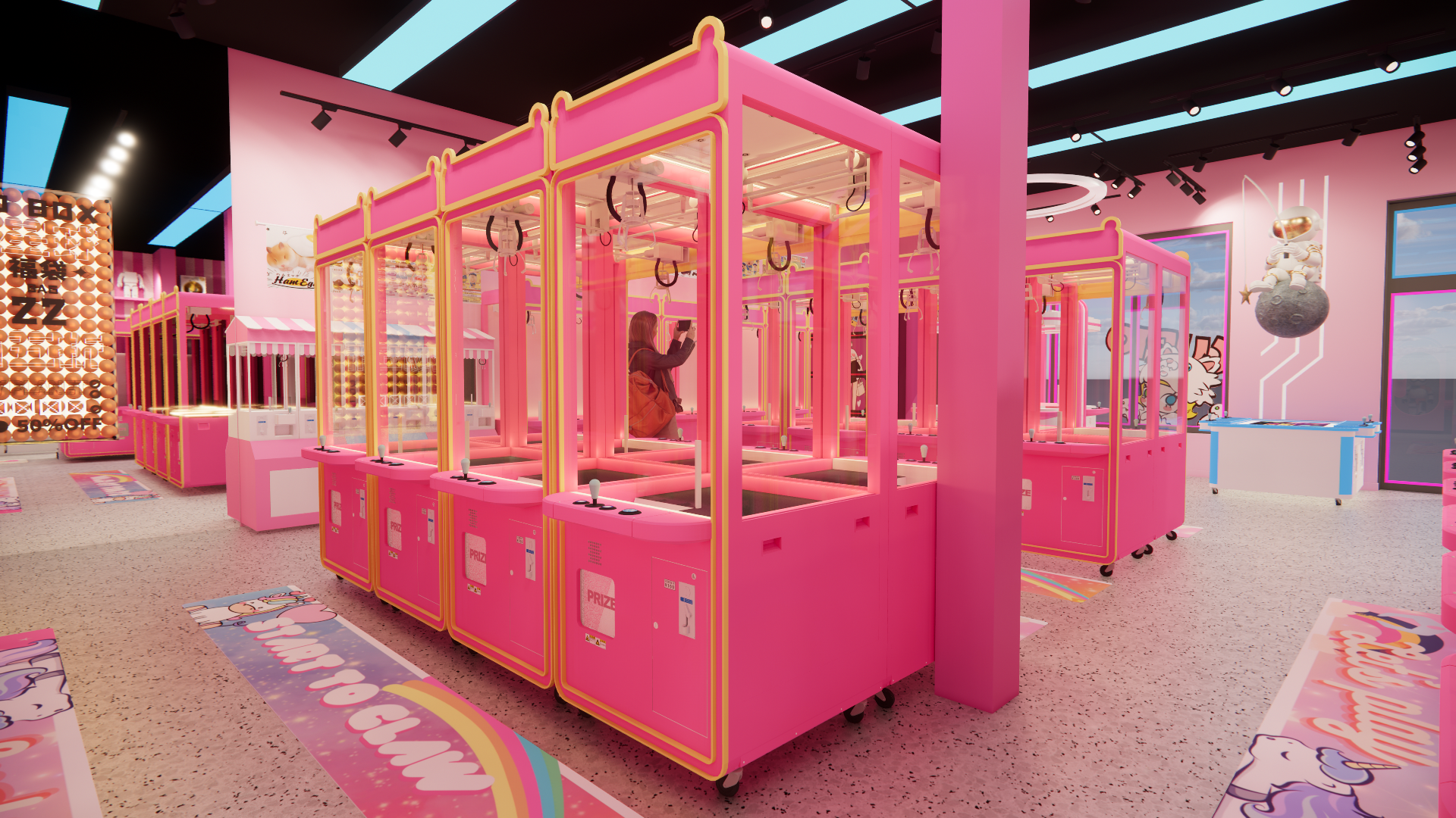 A fully immersive claw machine arcade interior in Waterloo, featuring rows of pink crane game machines arranged in a clean and organized layout. The bright color palette, playful flooring graphics, and open circulation design enhance customer flow and engagement, creating a visually striking and highly interactive arcade environment ideal for modern entertainment venues.
