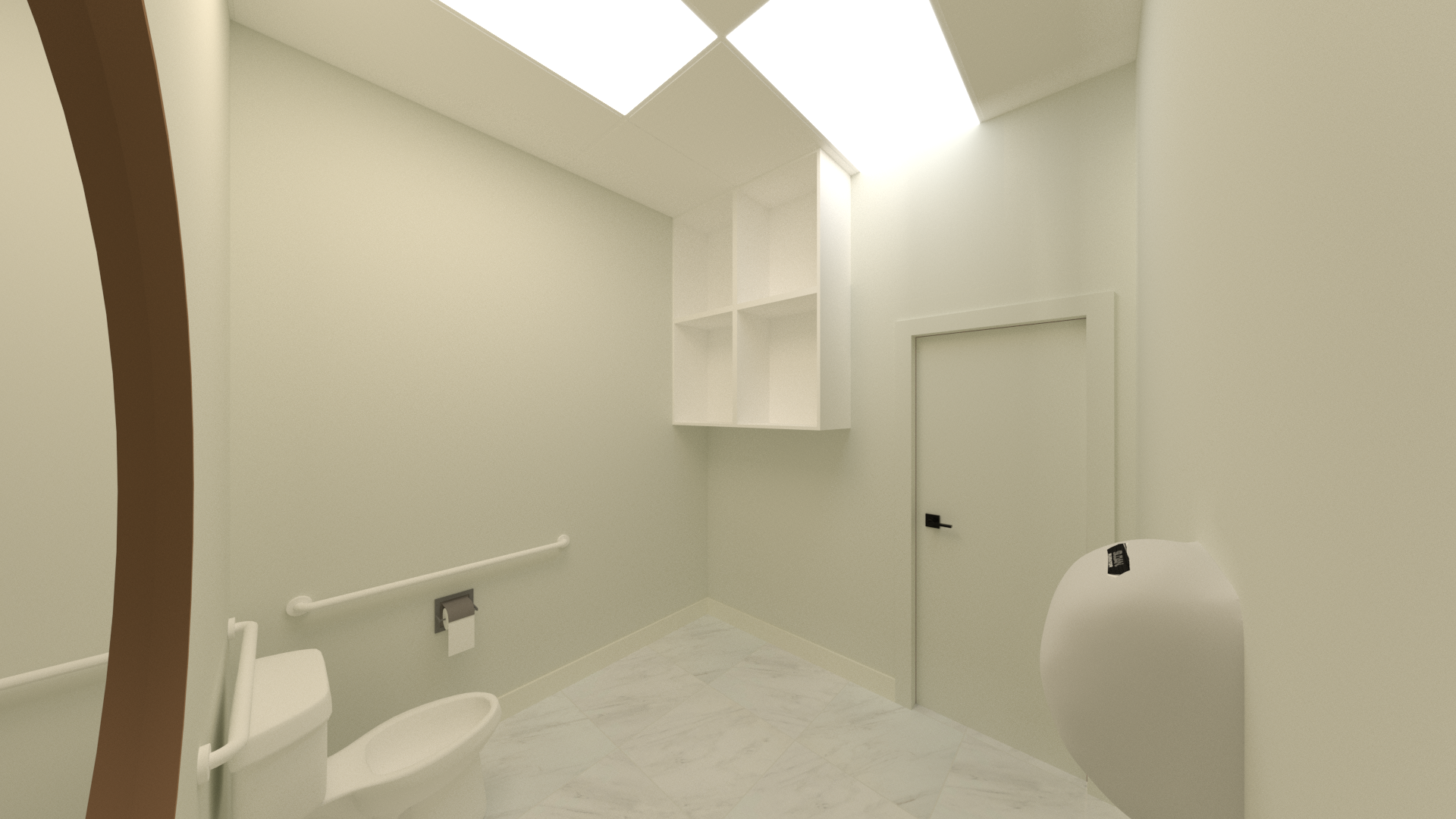 A clean and minimalist restroom inside a Waterloo claw machine arcade, designed with accessibility and practicality in mind. The space features barrier-free circulation, safety grab bars, built-in storage, and bright overhead lighting, ensuring comfort, hygiene, and compliance with commercial washroom standards within an entertainment venue.