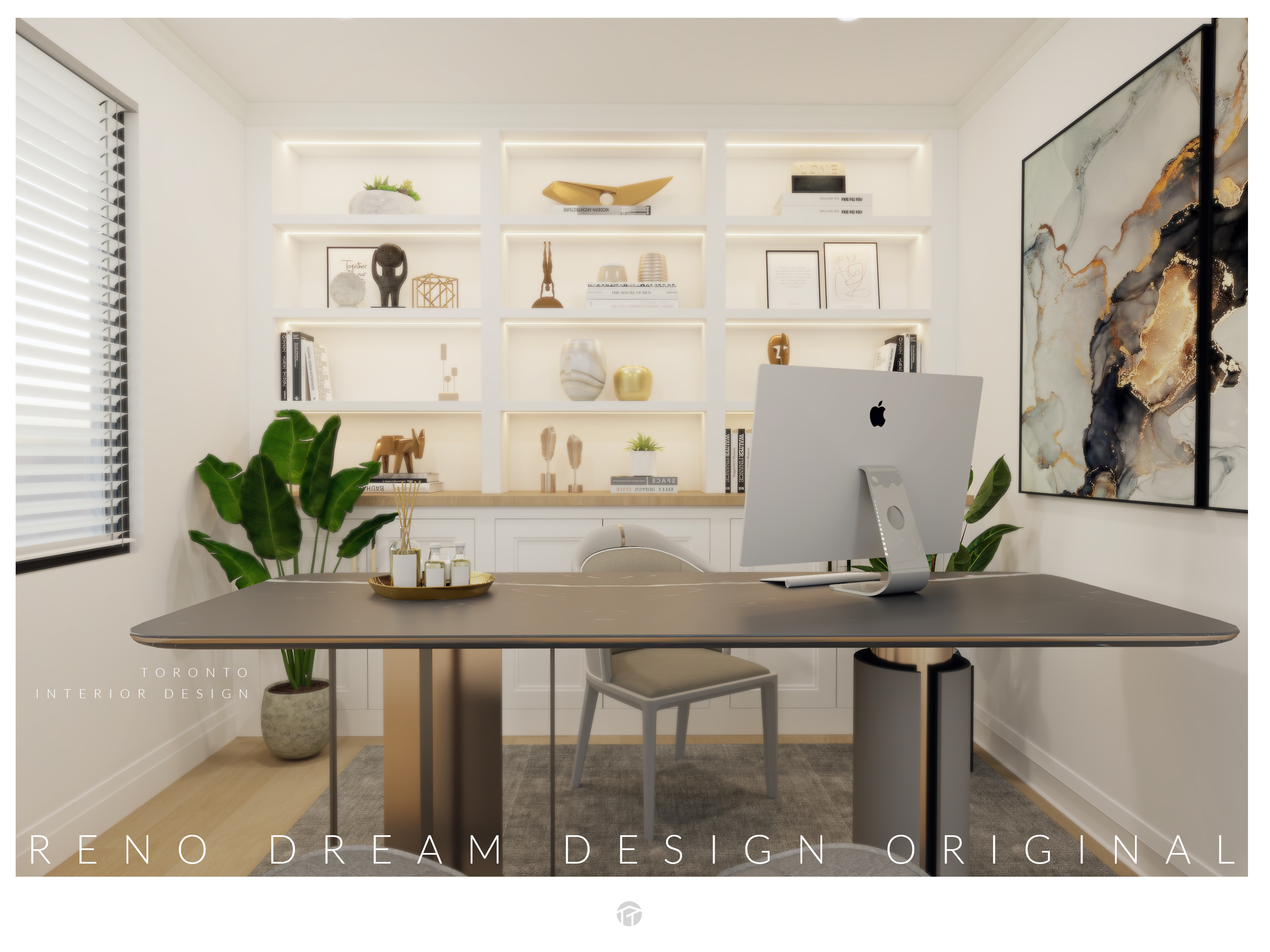 Contemporary home office interior design in North York Toronto featuring custom illuminated display shelving, modern work desk, elegant décor styling, and functional workspace planning. This bright and organized office showcases Reno Compass’ expertise in creating productive yet stylish residential workspaces, combining built-in cabinetry, soft lighting, and refined interior design for modern Toronto homes.