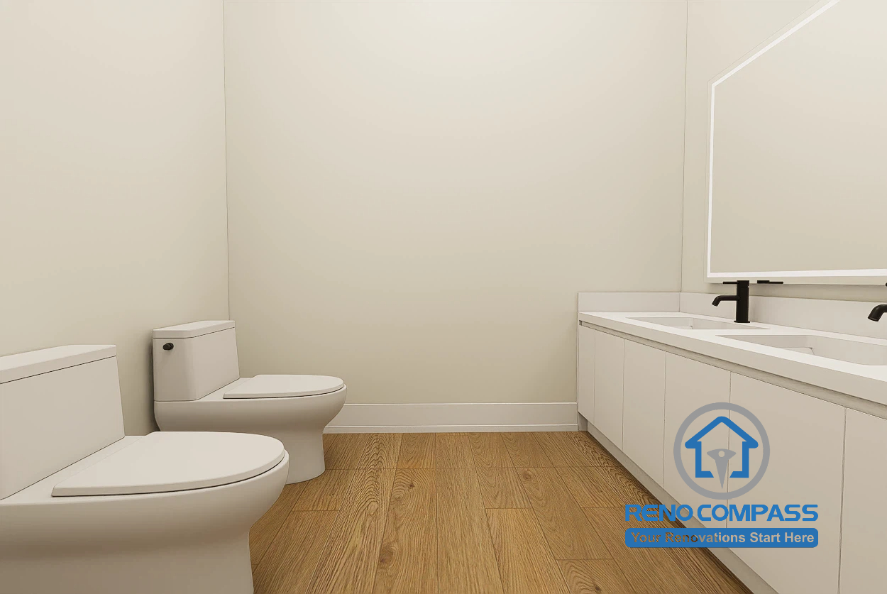 Preschool bathroom design in Toronto showcasing a functional washroom with multiple sinks, easy-to-clean surfaces, and child-friendly fixtures to support hygiene and daily routines.