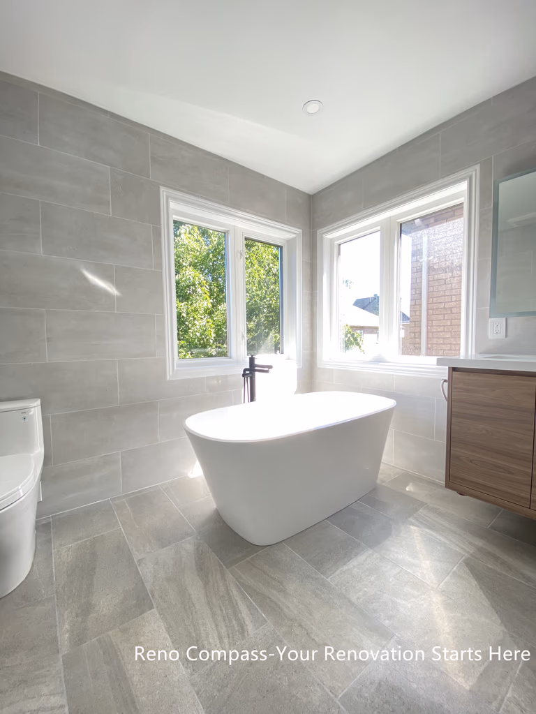 This Aurora bathroom renovation highlights a freestanding bathtub positioned beside corner windows, allowing natural light to fill the space throughout the day. Large-format tile flooring and wall finishes create a seamless, modern backdrop, while the clean tub silhouette and minimalist fixtures reinforce a calm, spa-inspired atmosphere. The layout maintains generous circulation and visual openness, making the bathing area both functional and relaxing. Designed and completed by Reno Compass, this bathroom renovation emphasizes comfort, proportion, and long-term usability.
