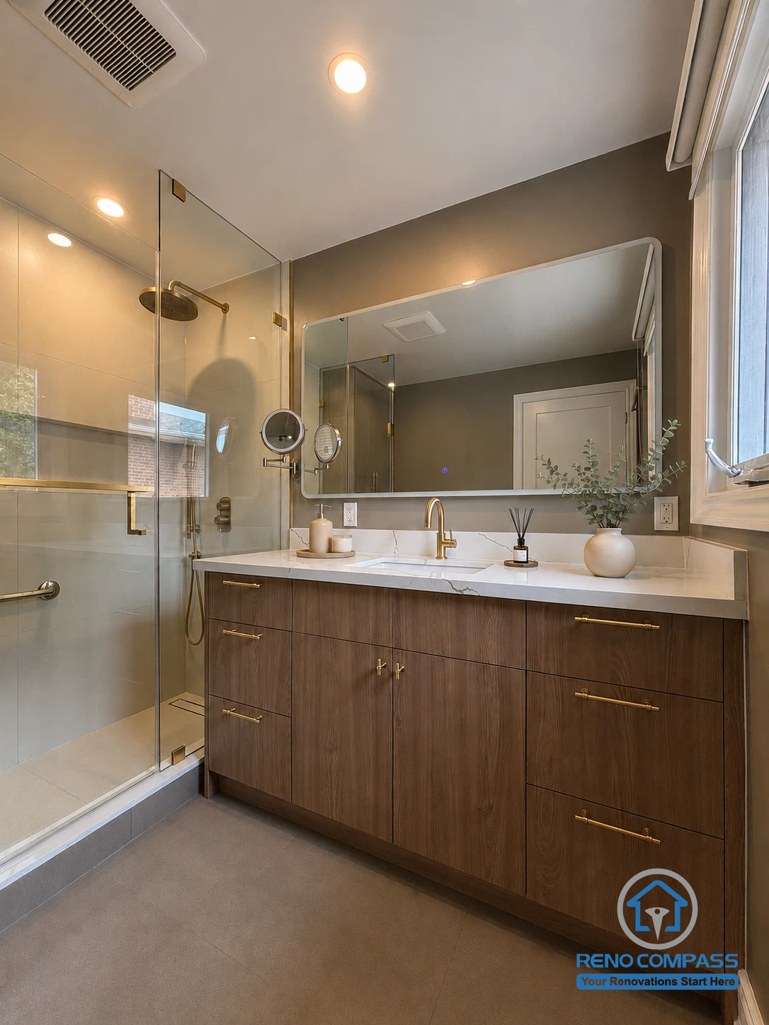 This elegant primary bathroom was renovated as part of a whole house renovation in North York. Featuring a custom walnut vanity, quartz countertop, frameless glass shower, and brushed gold fixtures, the space combines premium craftsmanship, functional storage, and timeless contemporary design for everyday comfort.