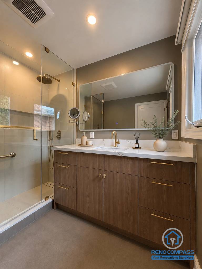 This elegant primary bathroom was renovated as part of a whole house renovation in North York. Featuring a custom walnut vanity, quartz countertop, frameless glass shower, and brushed gold fixtures, the space combines premium craftsmanship, functional storage, and timeless contemporary design for everyday comfort.