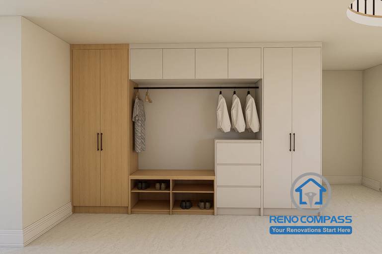 Custom mudroom and entryway storage design created for a Markham whole home renovation project. Featuring built-in cabinetry, open bench seating, shoe storage compartments, hanging space, and overhead cabinets. The design improves organization, maximizes functionality, and creates a welcoming transition between indoor and outdoor living areas.